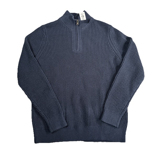 NWT $149 LL Bean Sweater Men's SZ M Blue Waffle Knit Quarter Zip Organic Cotton